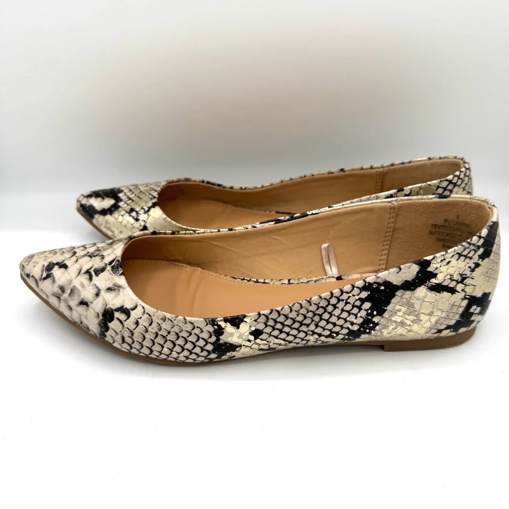 EXPRESS Snake Print Pointed Toe Ballet Flats Metallic Gold Ivory Black Size 8